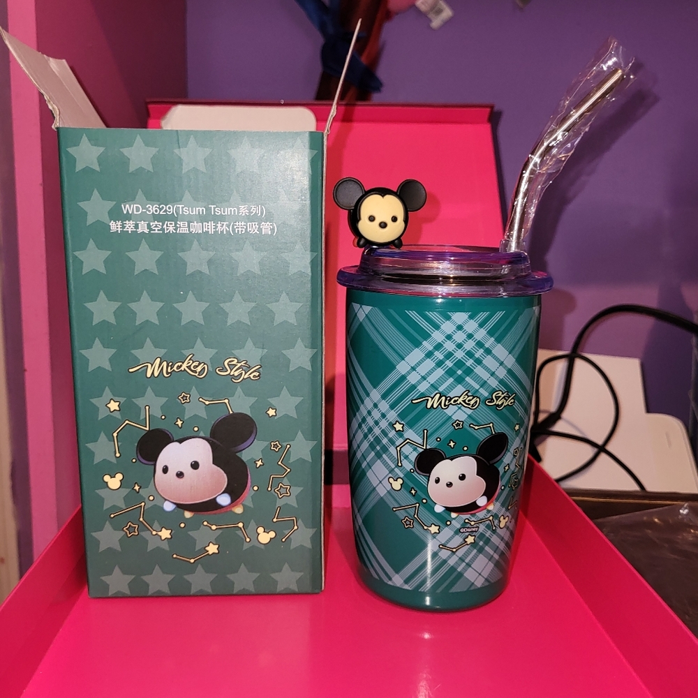New! Mickey tsum tsum coffee cup 16oz with metal straw